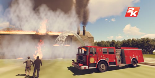 Burning house and fire brigade
