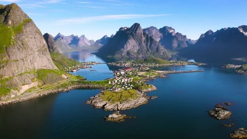 Scenic Aerial View of Coastal Town and Mountains