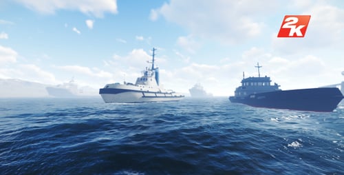 Animated 3D Tugboat Sailing on Blue Ocean with Other Ships