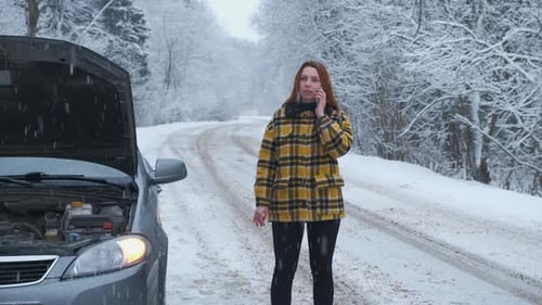 Woman on Phone Near Car Breakdown in Snowy Woods