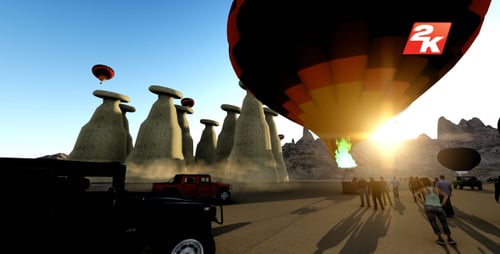 Sunrise Hot Air Balloons Over Fairy Chimneys Desert Landscape 3D
