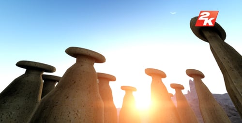 Mystical Desert Landscape with Mushroom Rocks and Hot Air Balloon Sunrise