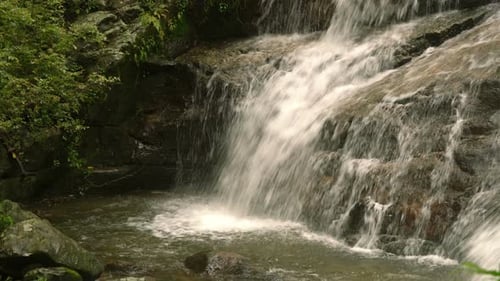 Scenic Waterfall Flowing Over Rocks Into Pool