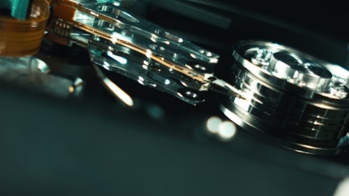 Open Hard Disk of the Computer. Spindle and Head Hdd . Rotate the Camera Around the Hard Driv
