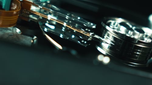 Computer Techologies. Data Storage. Server Racks, Open Computer Hard Drive. The Inside of the Disk