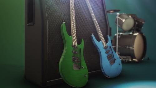 3d Animation of High Quality, Guitar and Combo in the Studio