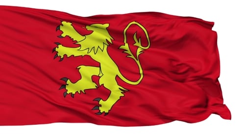 Waving Red Flag with Yellow Heraldic Lion Loop
