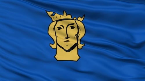 Stockholm City Flag Waving with Golden Crowned Head Emblem