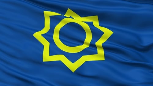 Dynamic Waving Flag with Abstract Geometric Star and Circle Symbol