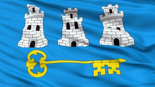 Animated Flag with Three White Towers and Golden Key Emblem