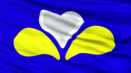 Stylized Heart and Leaves Waving Flag Animation on Blue Background