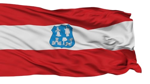 Red and White Waving Flag with Blue Coat of Arms