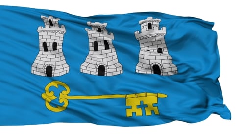 Waving Flag with Three Towers and Golden Key