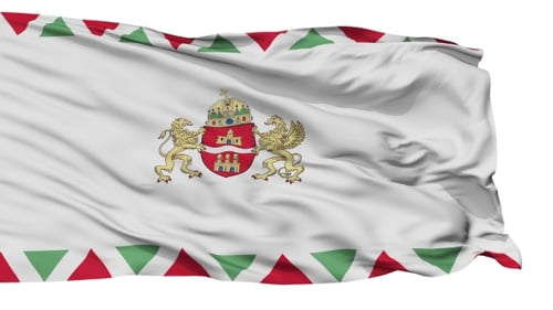 Waving Flag of Budapest with Official Coat of Arms