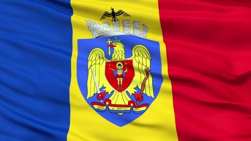Realistic Romanian Flag with Coat of Arms Waving Animation