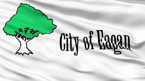 Waving Flag of City of Eagan with Green Tree Emblem