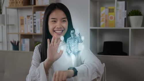 Woman Using Smartwatch for Holographic Video Call