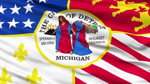 Waving Detroit City Flag with Realistic Fabric Movement