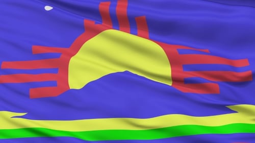 Waving Abstract Flag Animation with Stylized Sun and Mountain