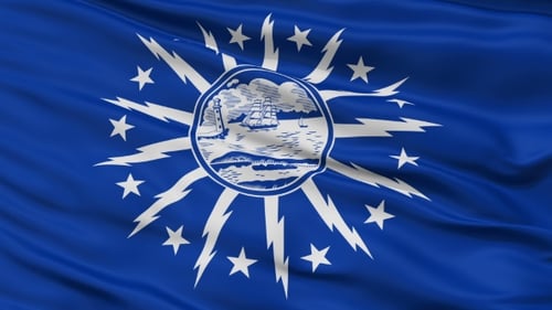 Waving Blue Flag with Lighthouse and Ship Emblem Animation