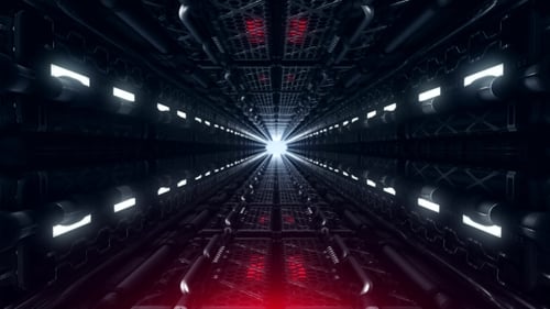 Futuristischer Tunnel aus Rohren und Neonlampen