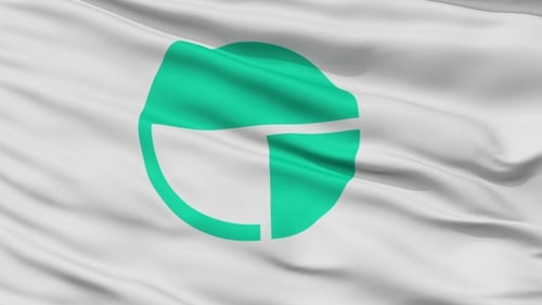 Fluid Waving White Flag with Abstract Green Logo Animation