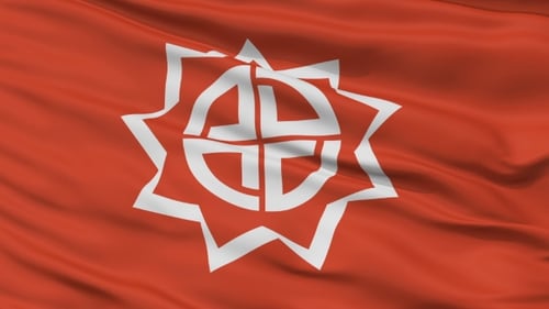 Realistic Red Flag Waving with White Geometric Emblem