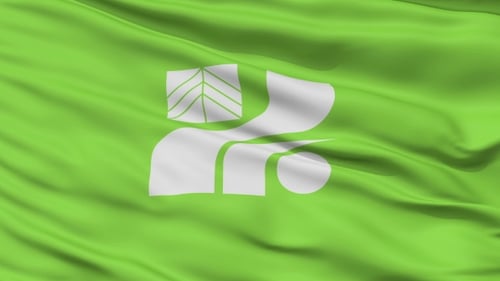 Realistic Waving Green Flag with Stylized Corporate Logo