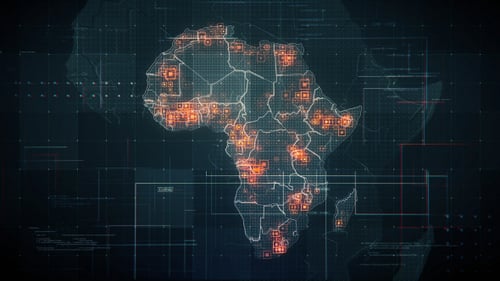 Futuristic Digital Map of Africa with Data Analysis Overlay