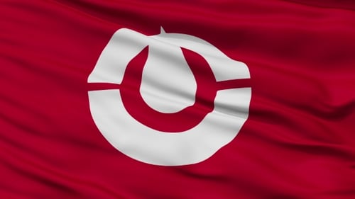 Waving Red Flag with White Abstract Circular Emblem