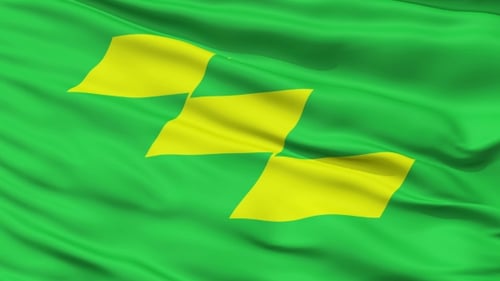Dynamic Green Flag with Waving Abstract Yellow Pattern