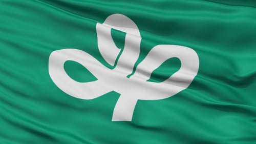 Waving Green Flag with White Stylized Plant Symbol