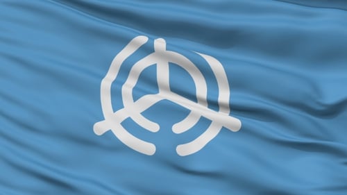 Waving Flag with Abstract White Symbol on Blue Fabric