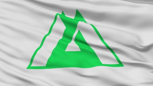 Abstract Green Mountain Logo on Waving White Flag
