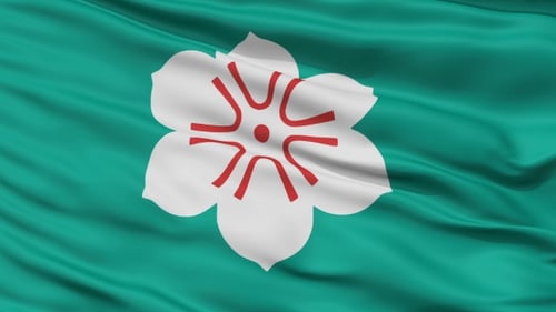 Waving Teal Flag with Abstract White Flower Symbol
