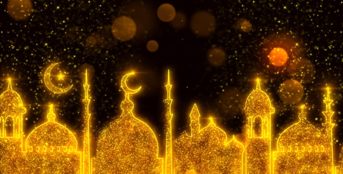 Elegant Glittery Crescent Moon and Mosque Background for Ramadan Eid ...