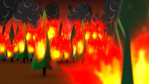 The pine forest on fire. Burning, hot flames with dense billows of black smoke