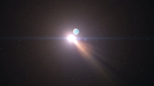 Planet Earth Orbiting Sun with Lens Flare in Dark Space