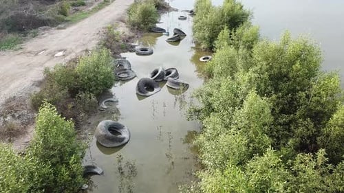 Aerial view tires thrown as garbage at mangrove area