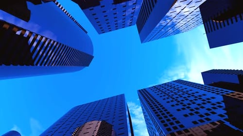 Render 3D de una ciudad brillante abstracta con rascacielos. Formas simples de edificios