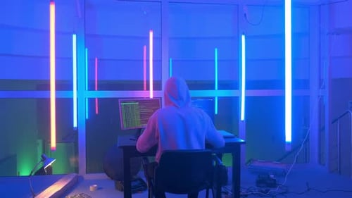 Vue arrière d'un hacker criminel travaillant le soir sur un ordinateur dans un grand bureau