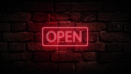 Neon Red Open Sign Flickering on Brick Wall