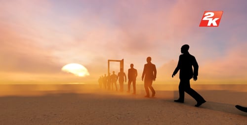 Silhouettes Walking Towards a Bright Door in the Desert