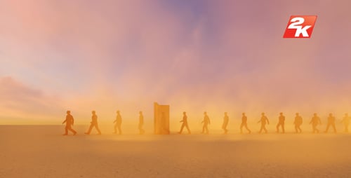 Silhouetted Figures Journey Through a Glowing Portal