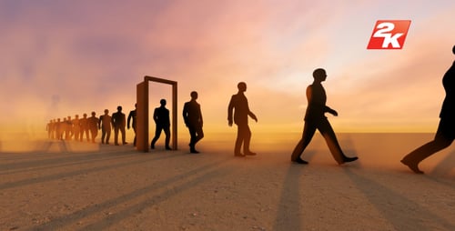 Silhouetted People Walking Through Doorway in Desert Landscape