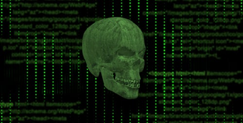 Rotating 3D Skull with Digital Rain and Futuristic Code Background