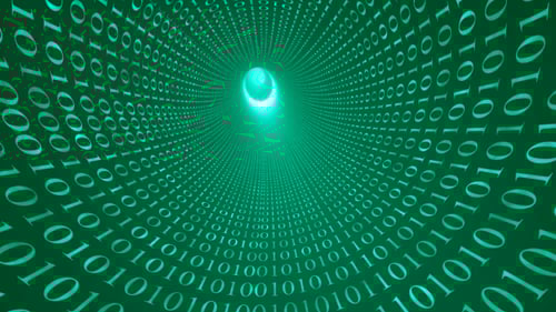 Túnel de conexión a Internet verde con códigos binarios Viaje rápido de cámara