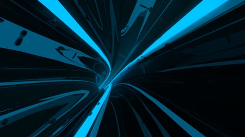 Digital Futuristic Neon and Reflective Blue Tunnel with Fast Camera Movement