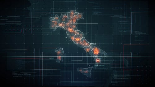 Futuristic Italy Map Digital Data Interface with HUD Elements