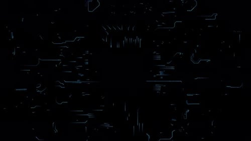 dynamic background of virtual circuit board with chip. cyclical animation on the theme of technology